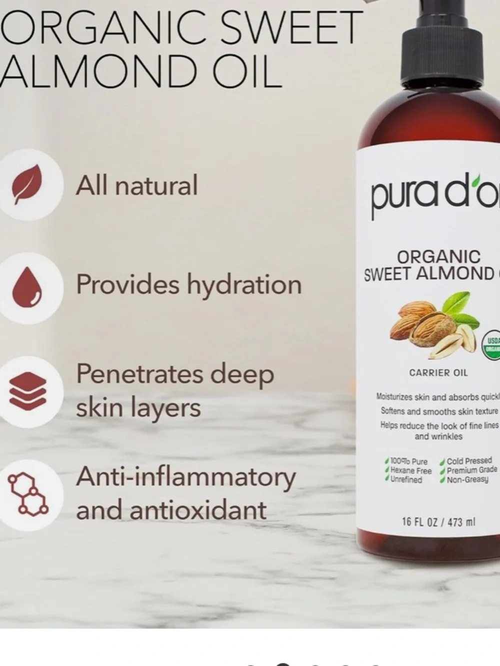 Purador Organic Sweet Almond Oil - with Pump 16 oz